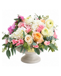 Floral arrangement in a stone urn with pink, white, and orange flowers on a white background