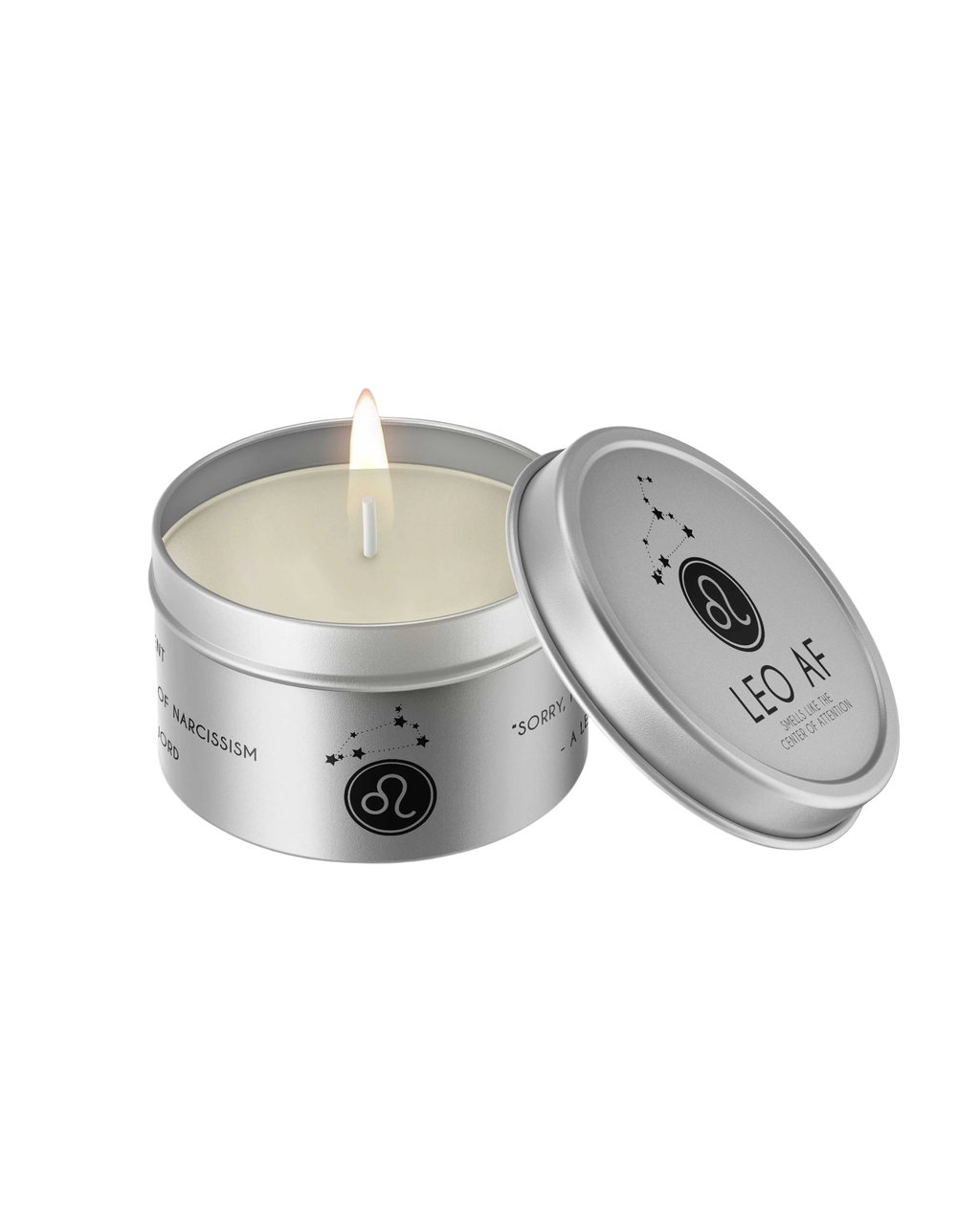Candle in a silver tin labeled 'LEO AF' on a white background