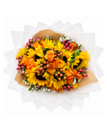Bouquet of yellow and orange flowers with pink berries on a white background