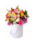 Colorful bouquet of flowers in a white box on a white background