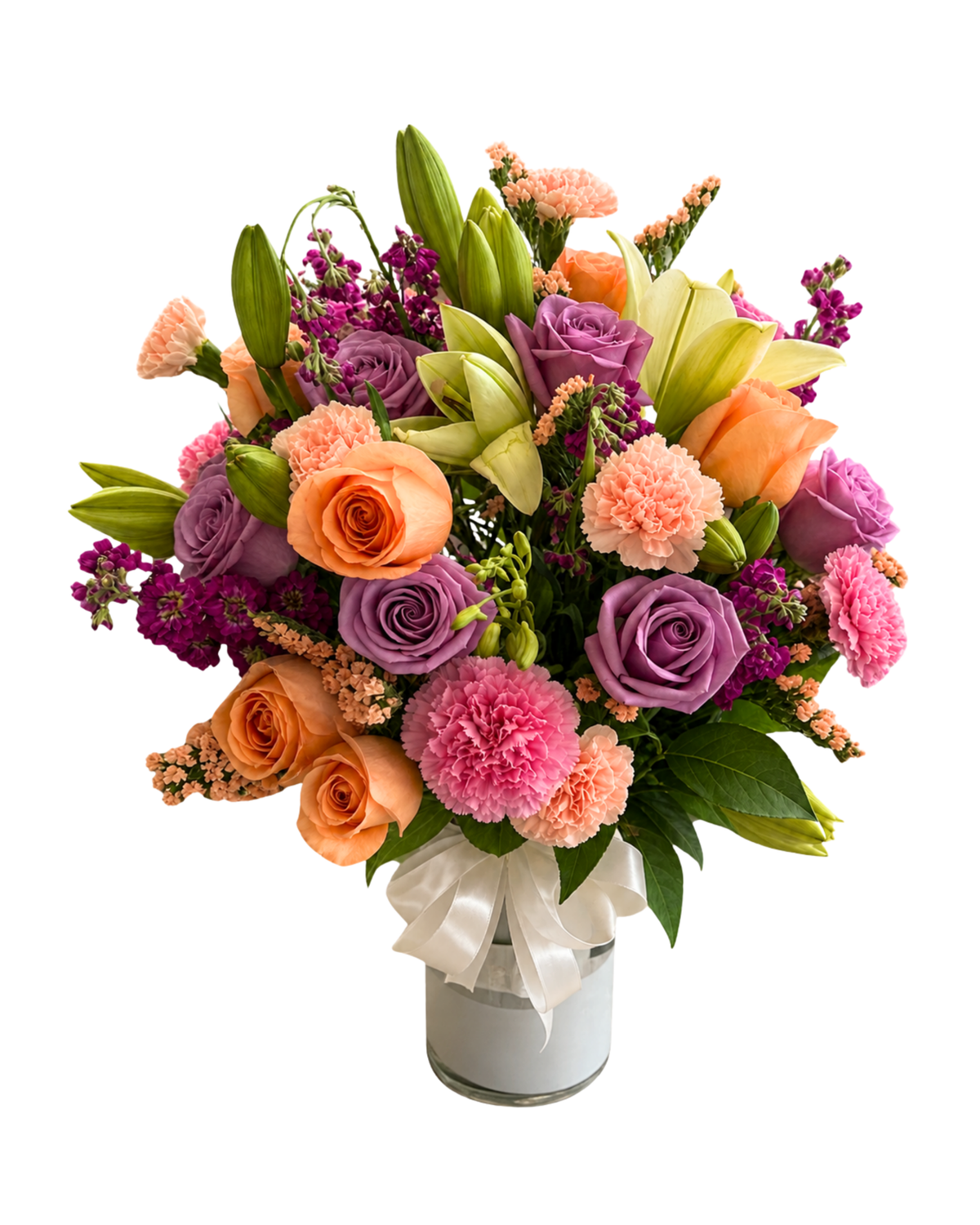 Peach & Purple Arrangement with Vase - Landen’s Flowers