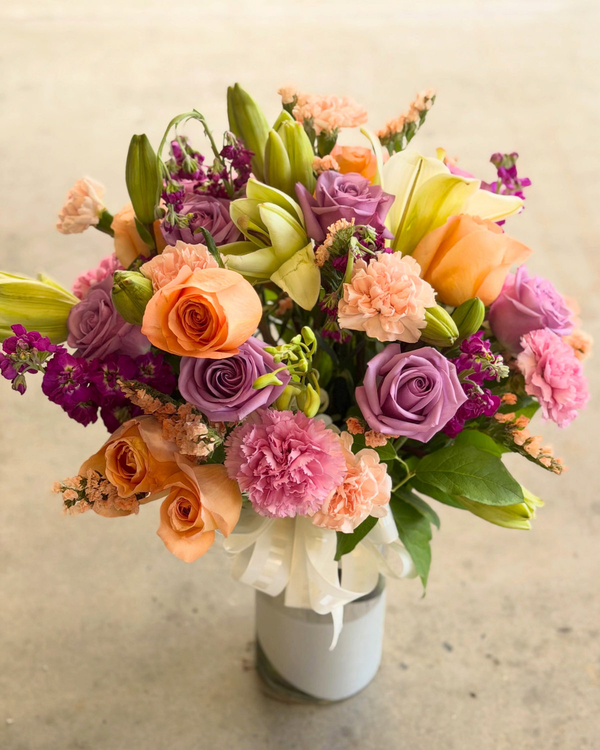 Peach & Purple Arrangement with Vase - Landen’s Flowers