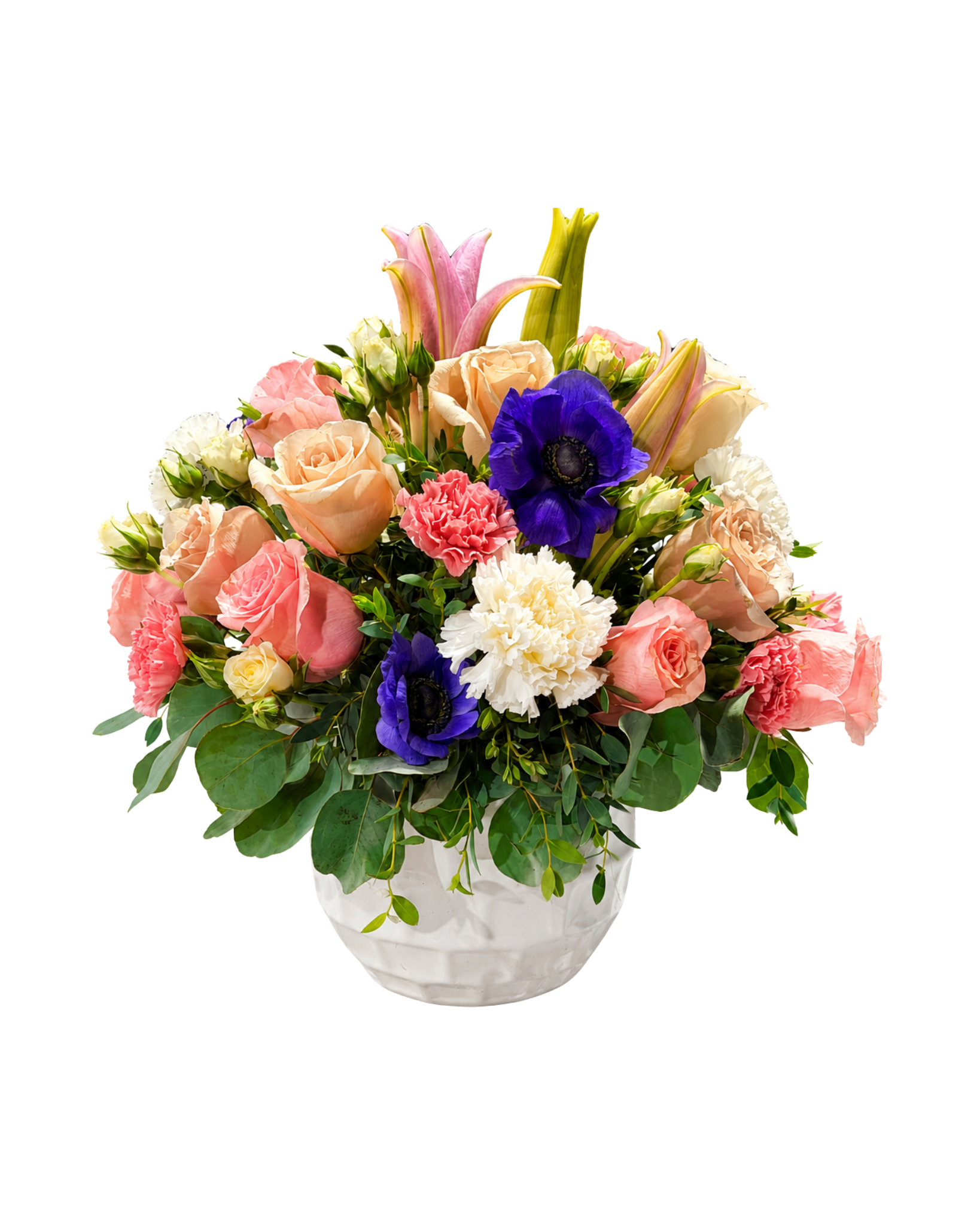 Pink Rose & Blue Anemone Arrangement in White Ceramic Vase - Landen’s Flowers