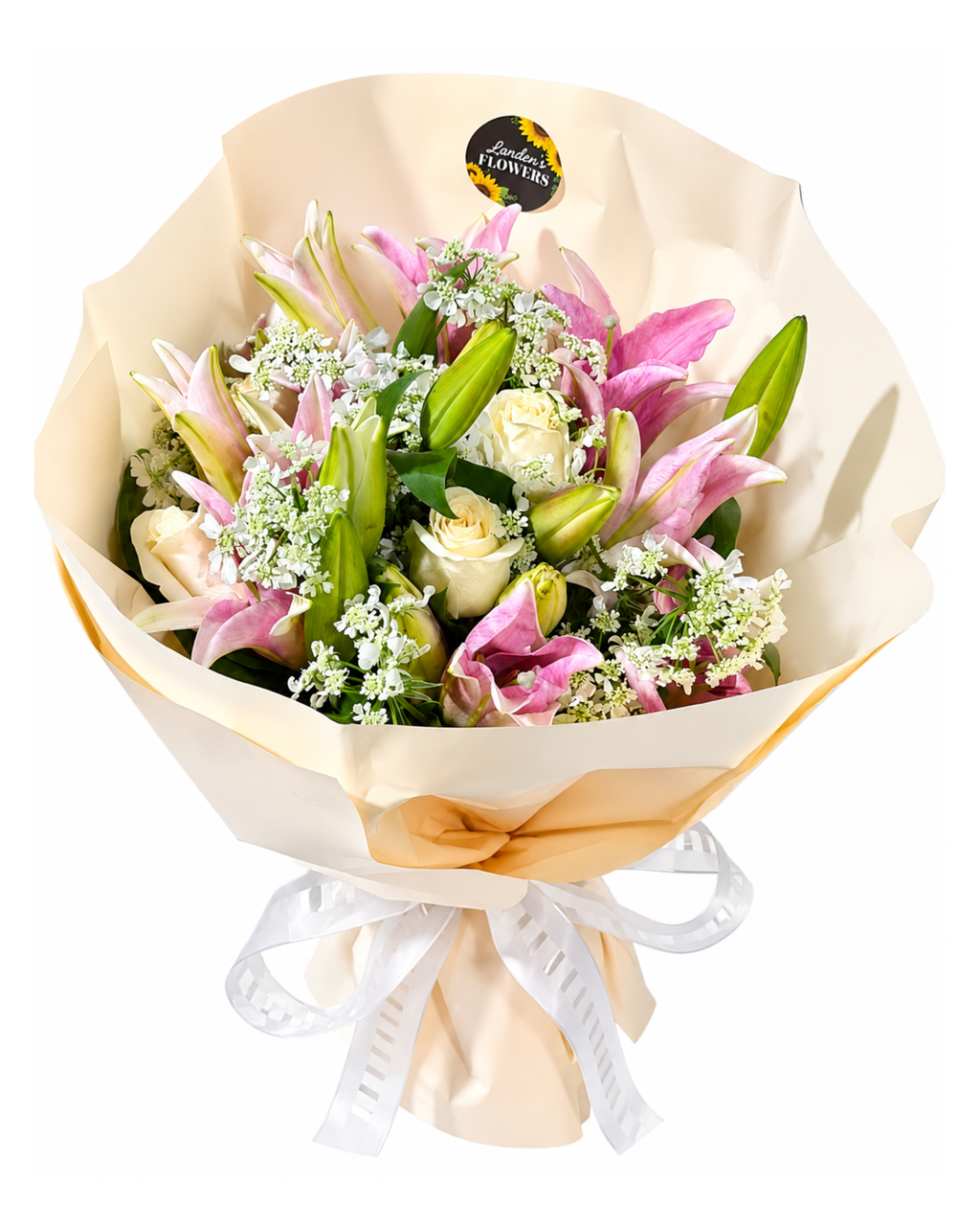 Bouquet of flowers wrapped in beige paper with a white ribbon on a white background