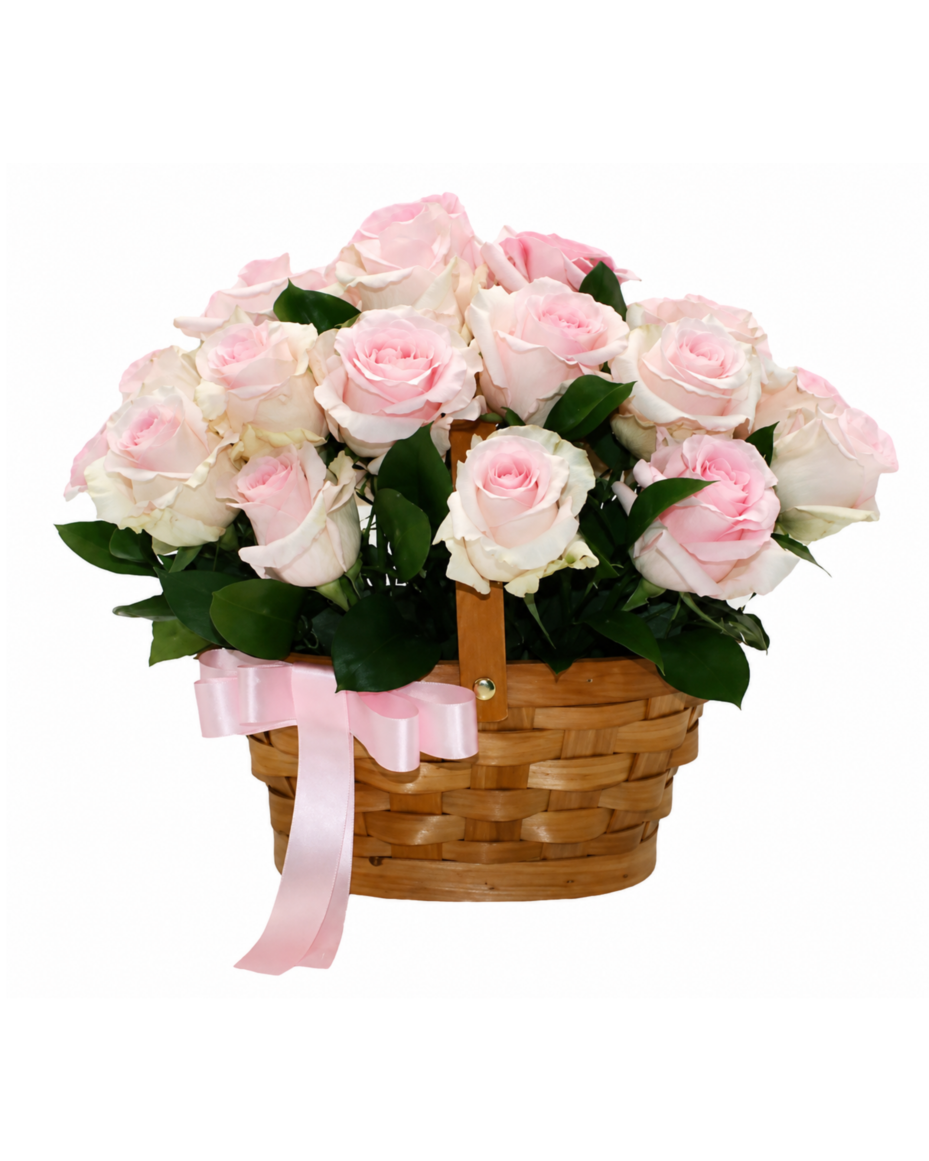 Basket of pink and white roses with a pink ribbon on a white background