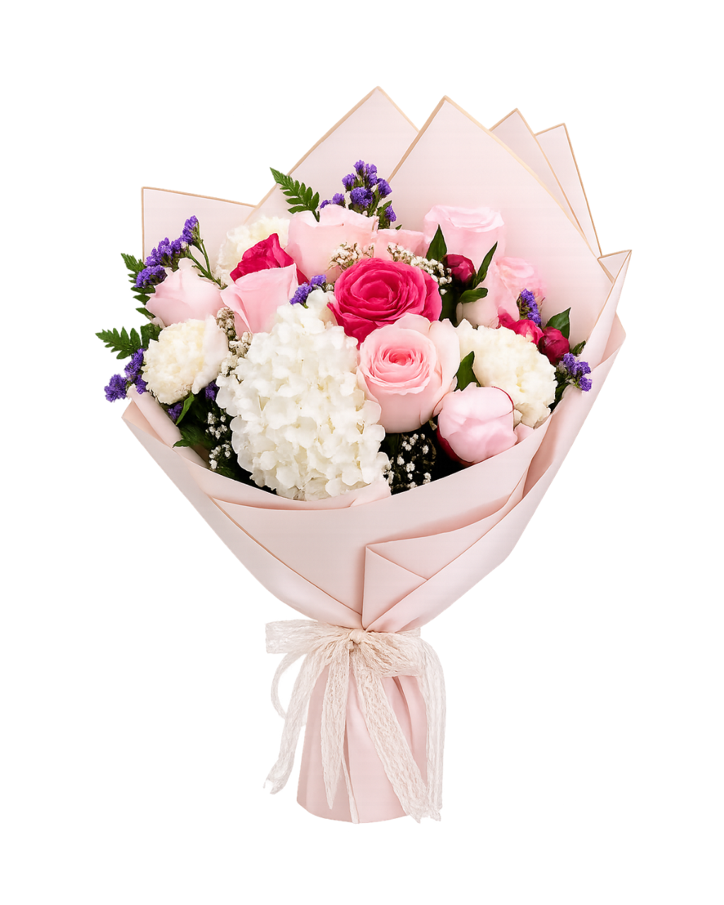 A floral bouquet wrapped in pale pink paper, featuring pink and white roses, white hydrangeas, purple filler flowers, and green foliage, tied with a sheer ribbon at the bottom, on a white background.