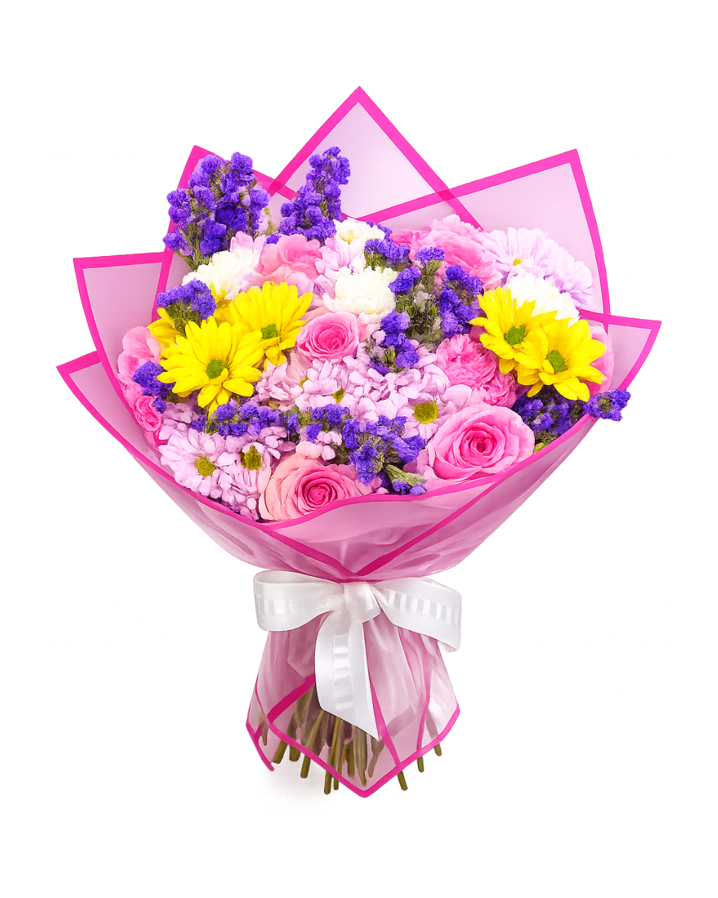 A vibrant flower bouquet featuring pink roses, yellow daisies, purple asters, and white carnations, wrapped in pink tissue paper with a white ribbon bow, isolated on a white background.
