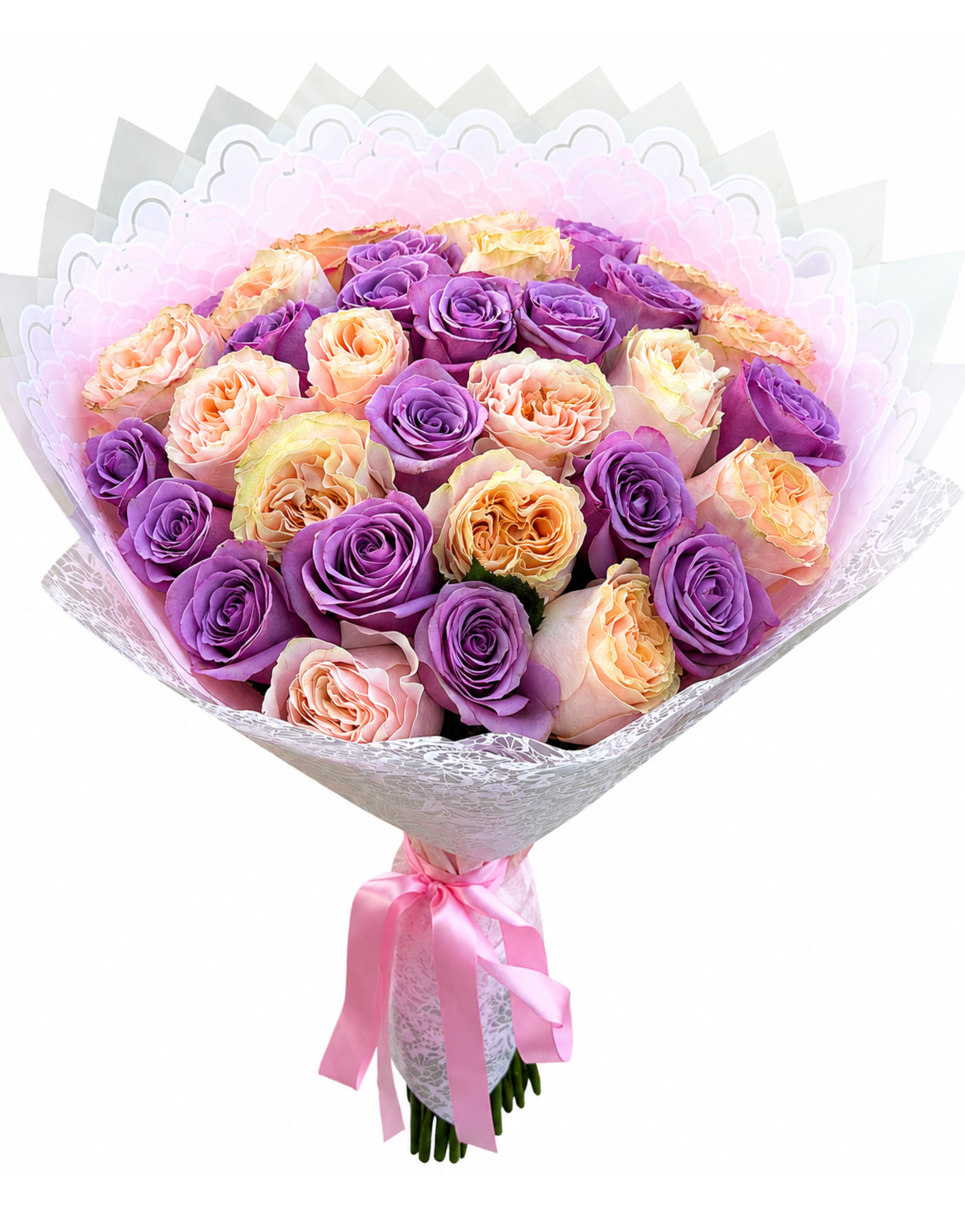 Bouquet of pink and purple roses with a pink ribbon on a white background