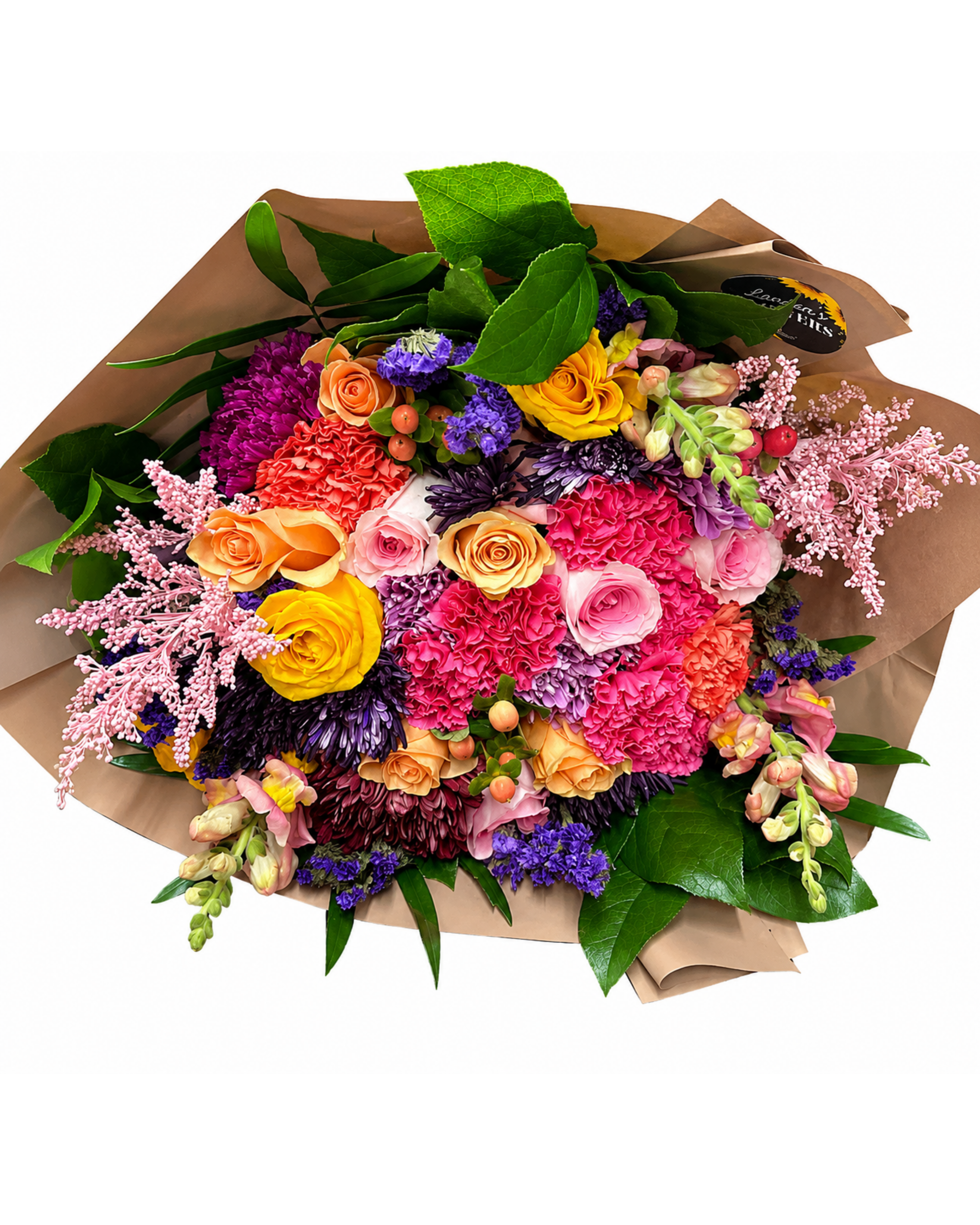 Colorful bouquet of flowers wrapped in brown paper on a white background