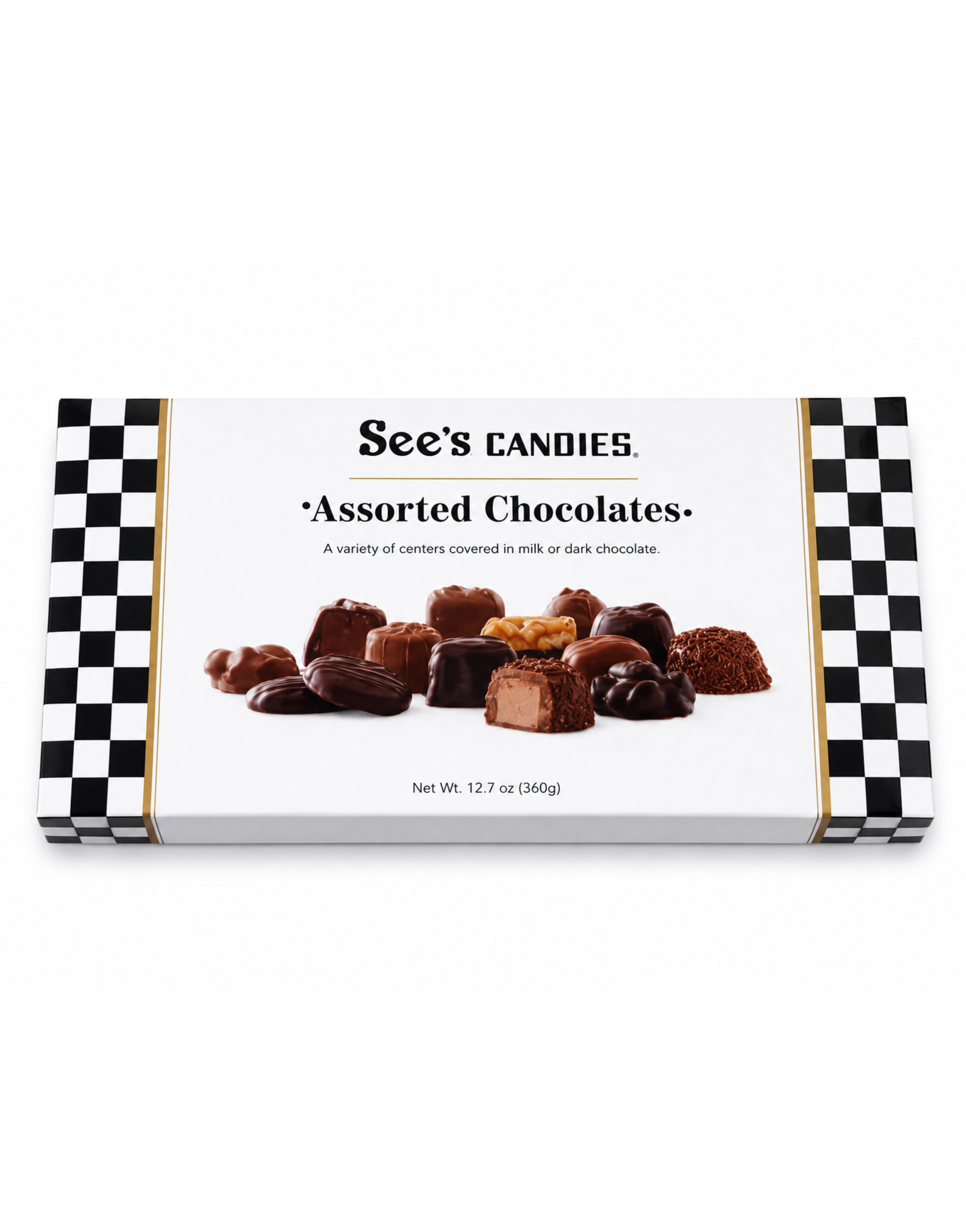 Box of See's Candies Assorted Chocolates on a white background