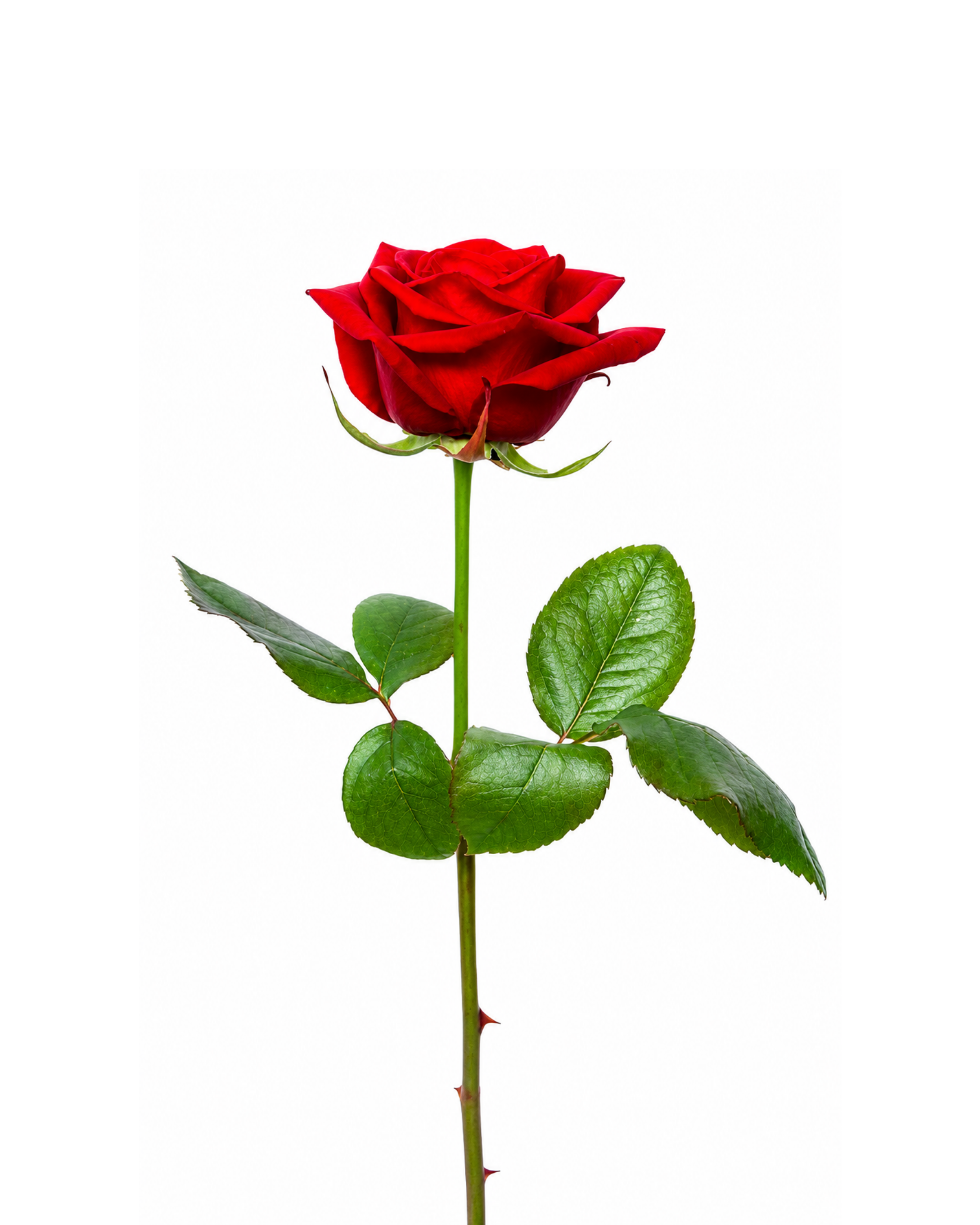 Single red rose with green leaves on a white background