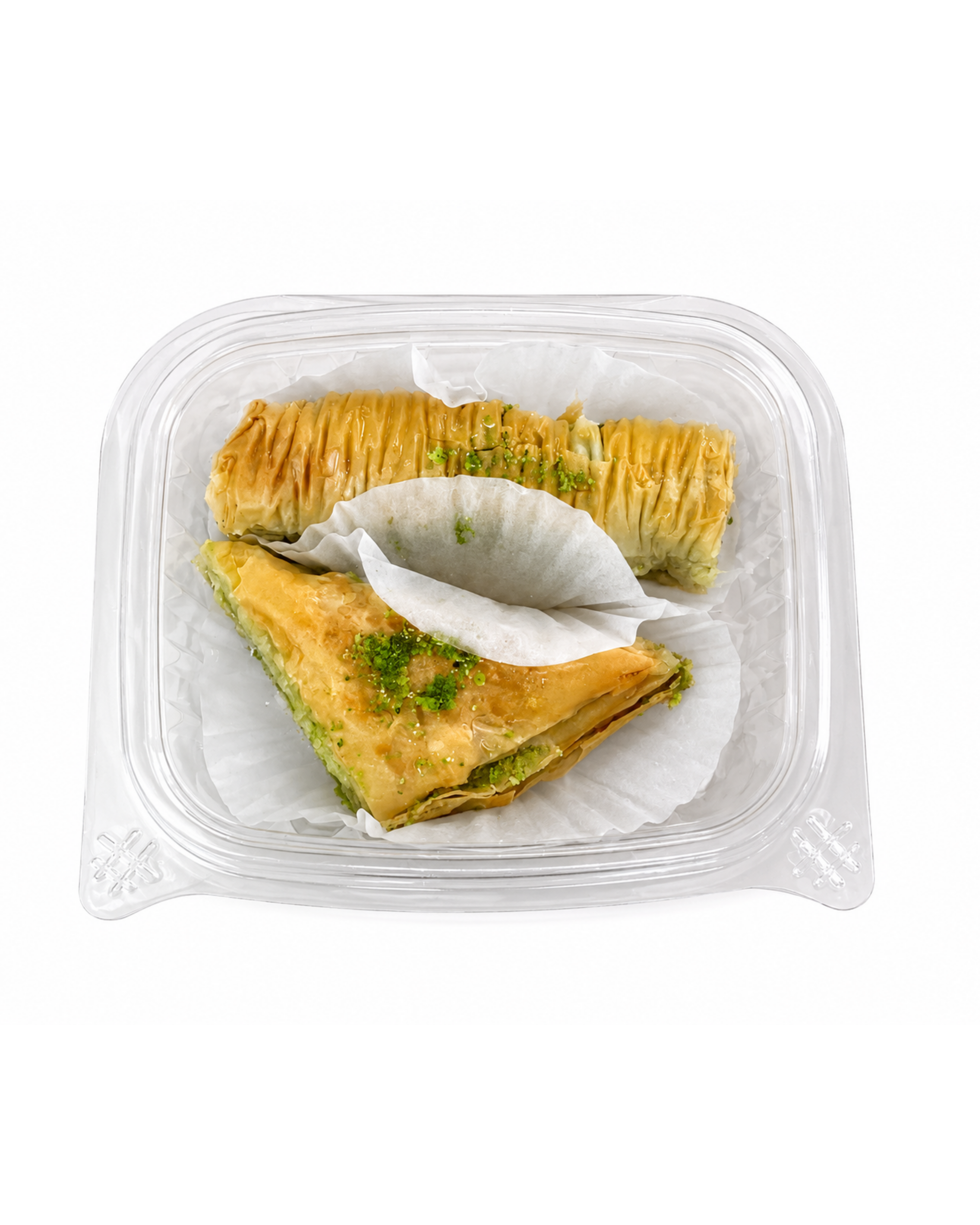 Two triangular pastries in a clear plastic container on a white background