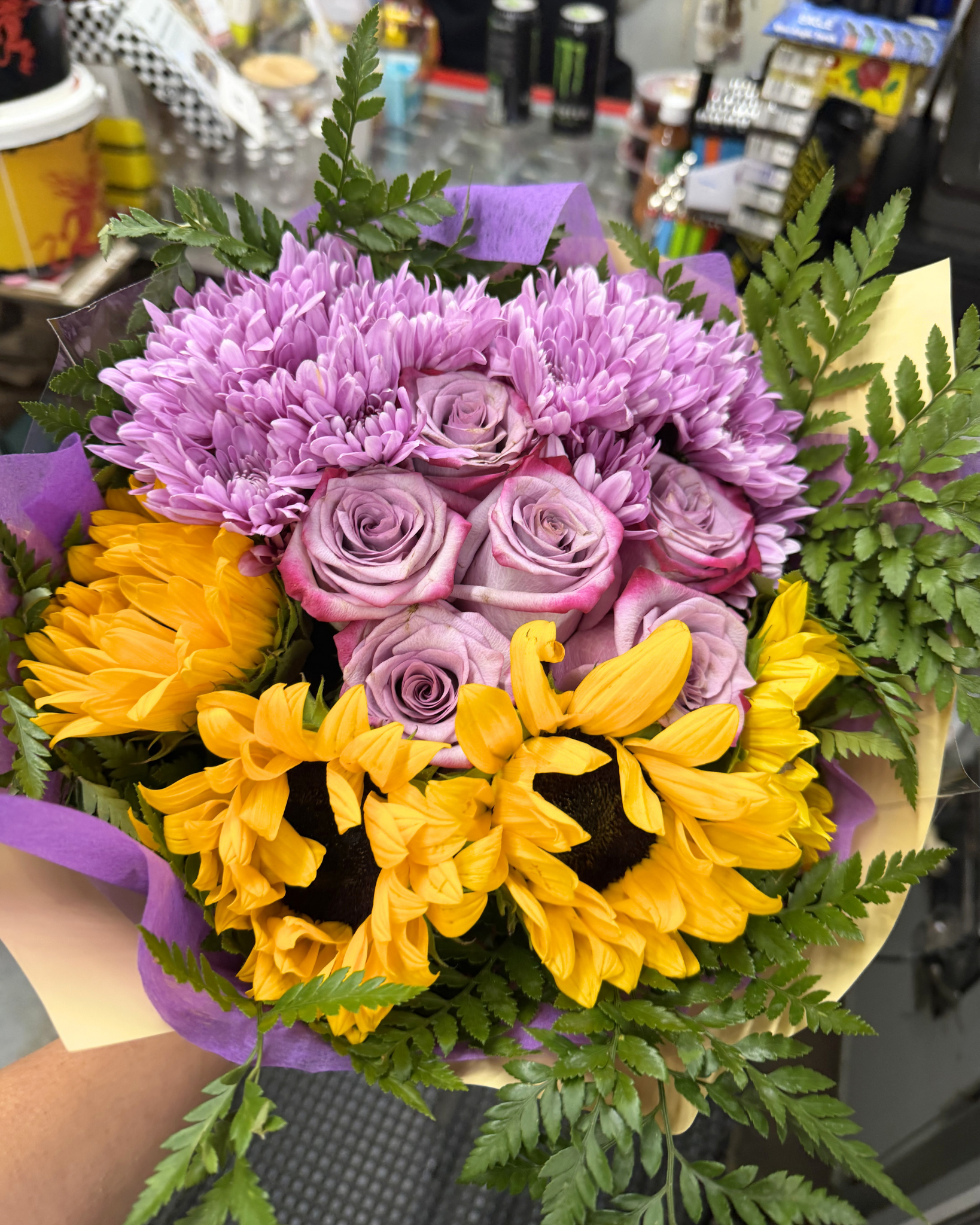 Sunflower & Purple Rose Bouquet with Chrysanthemums - Landen’s Flowers