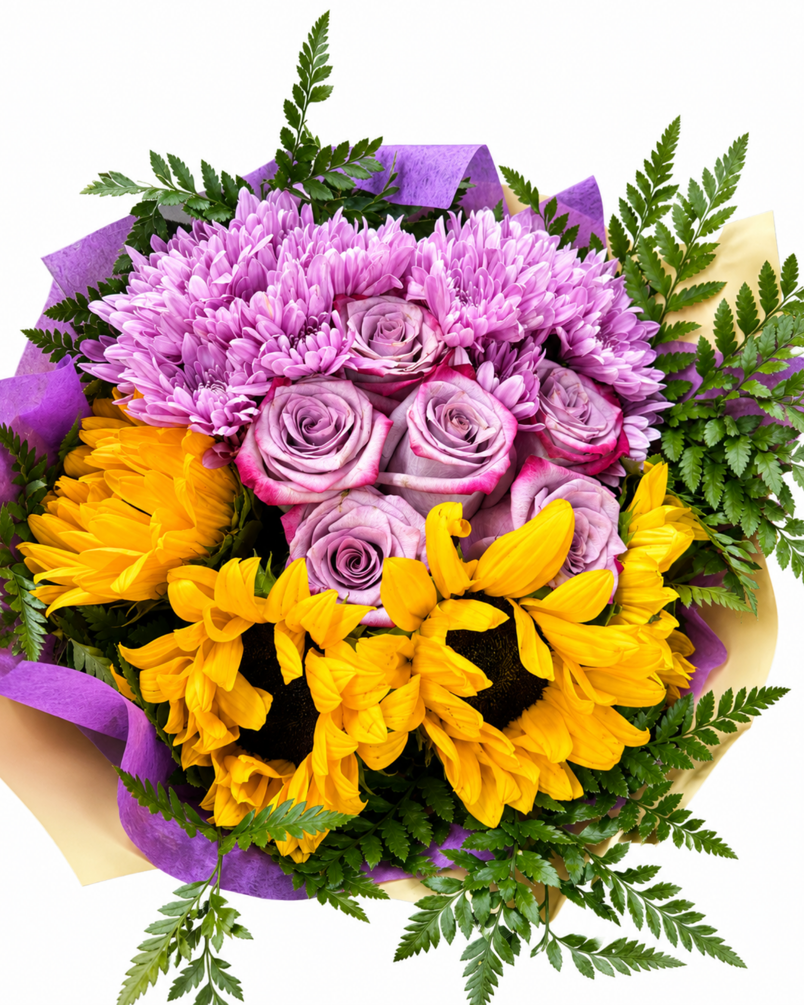 Sunflower & Purple Rose Bouquet with Chrysanthemums - Landen’s Flowers