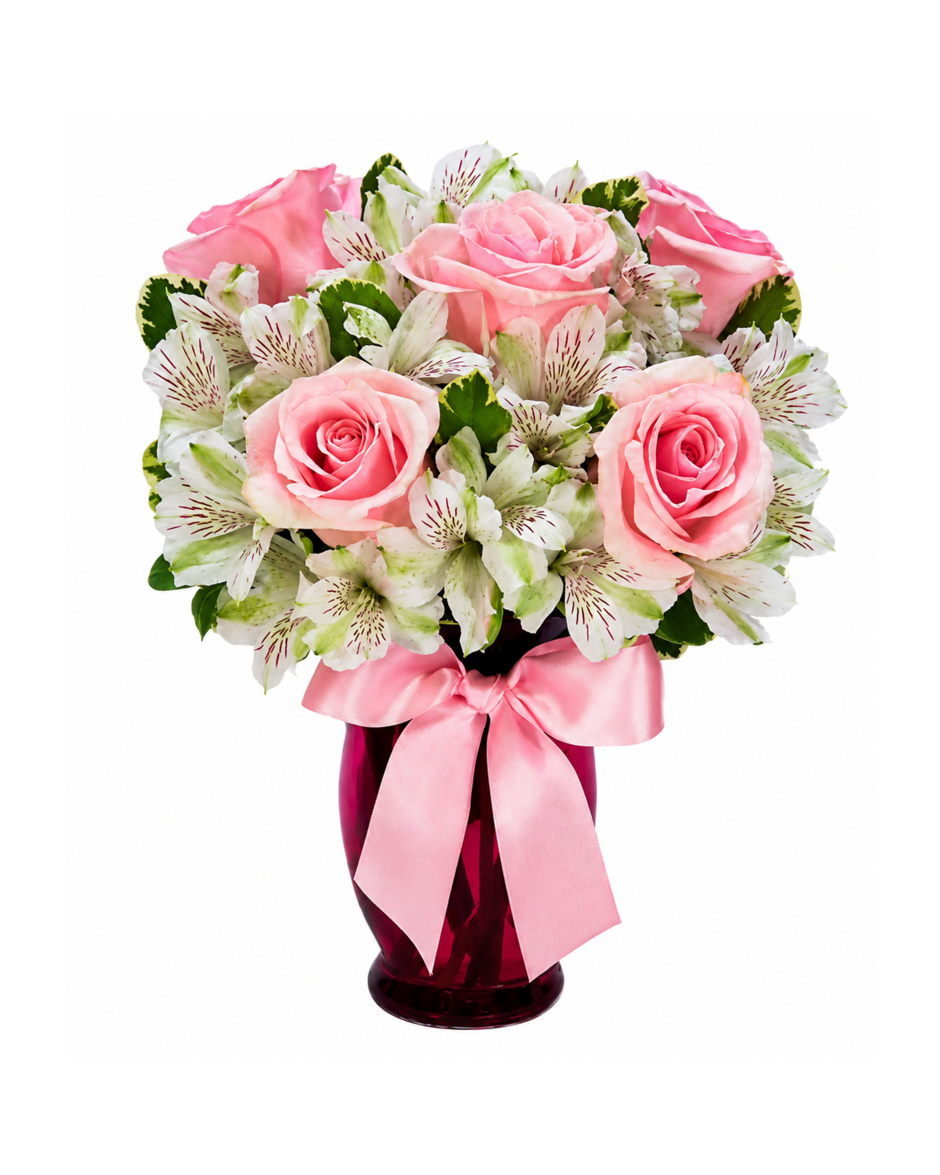 Bouquet of pink roses and green flowers in a red vase with a pink ribbon on a white background