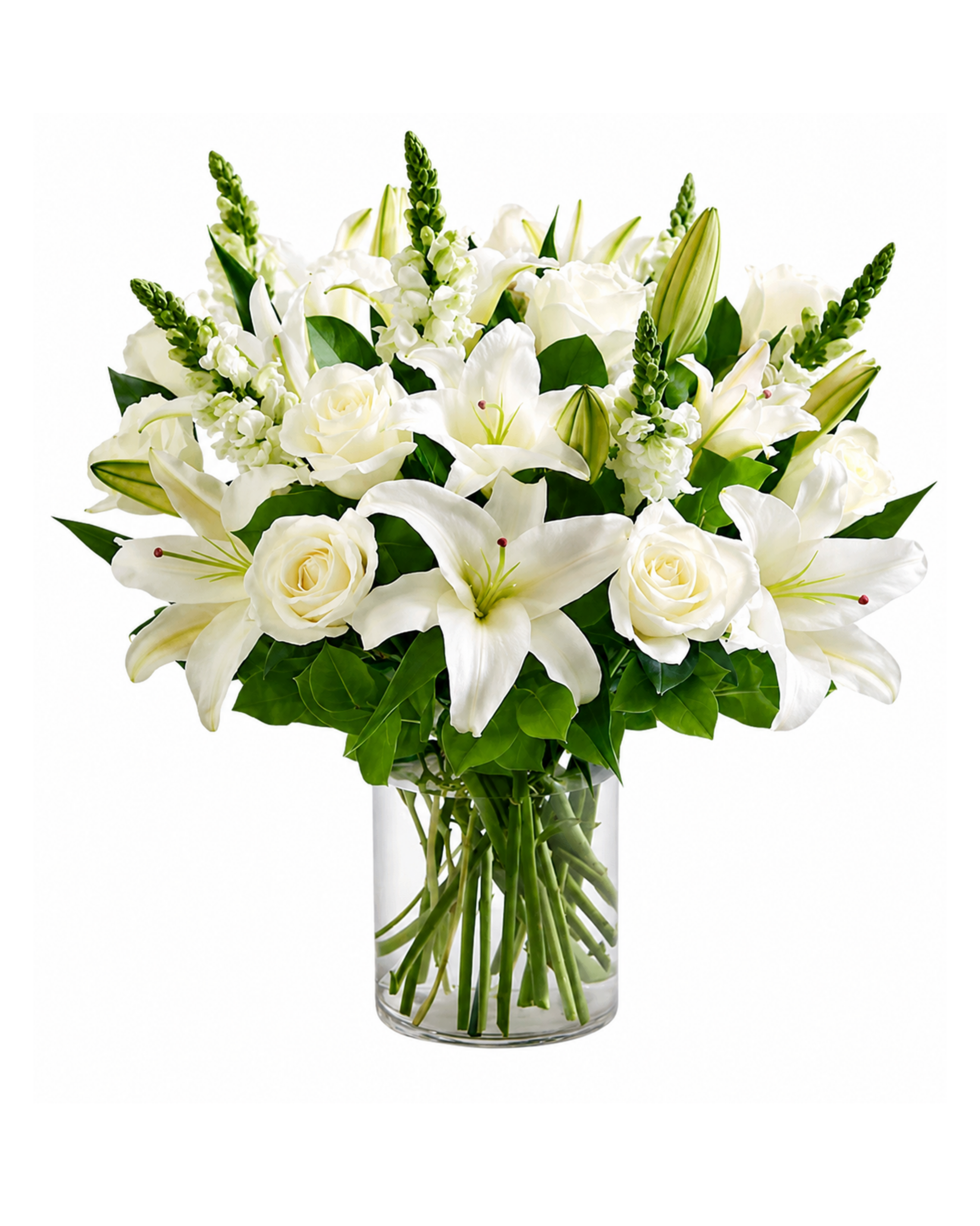 Bouquet of white lilies and roses in a clear vase on a white background