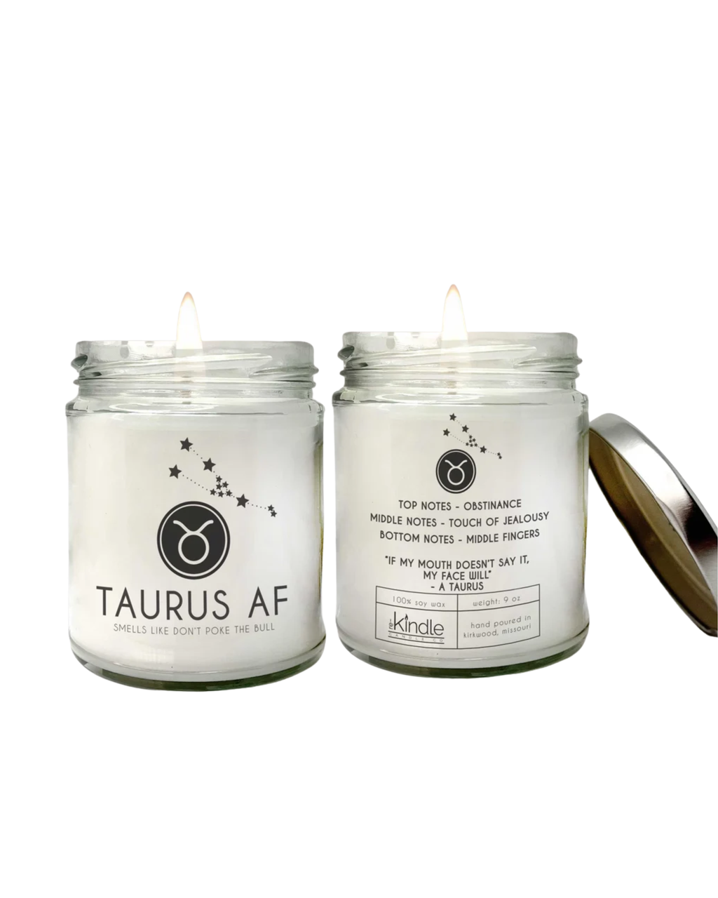 Two candles in glass jars with labels on a white background