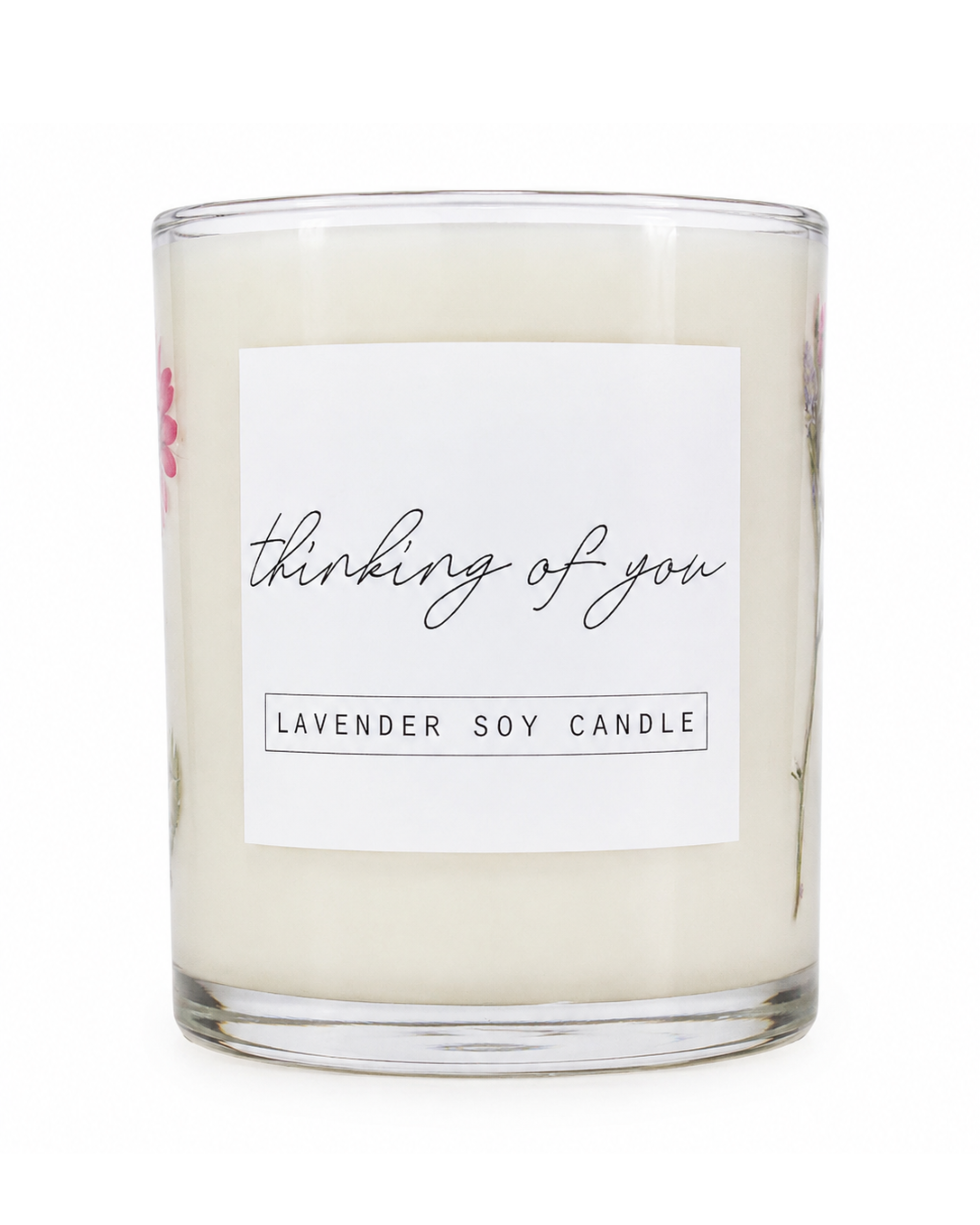 Lavender soy candle with a 'thinking of you' label on a white background