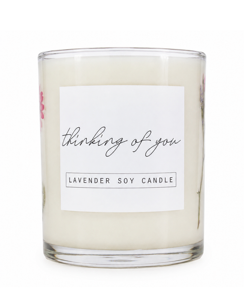 Lavender soy candle with a 'thinking of you' label on a white background