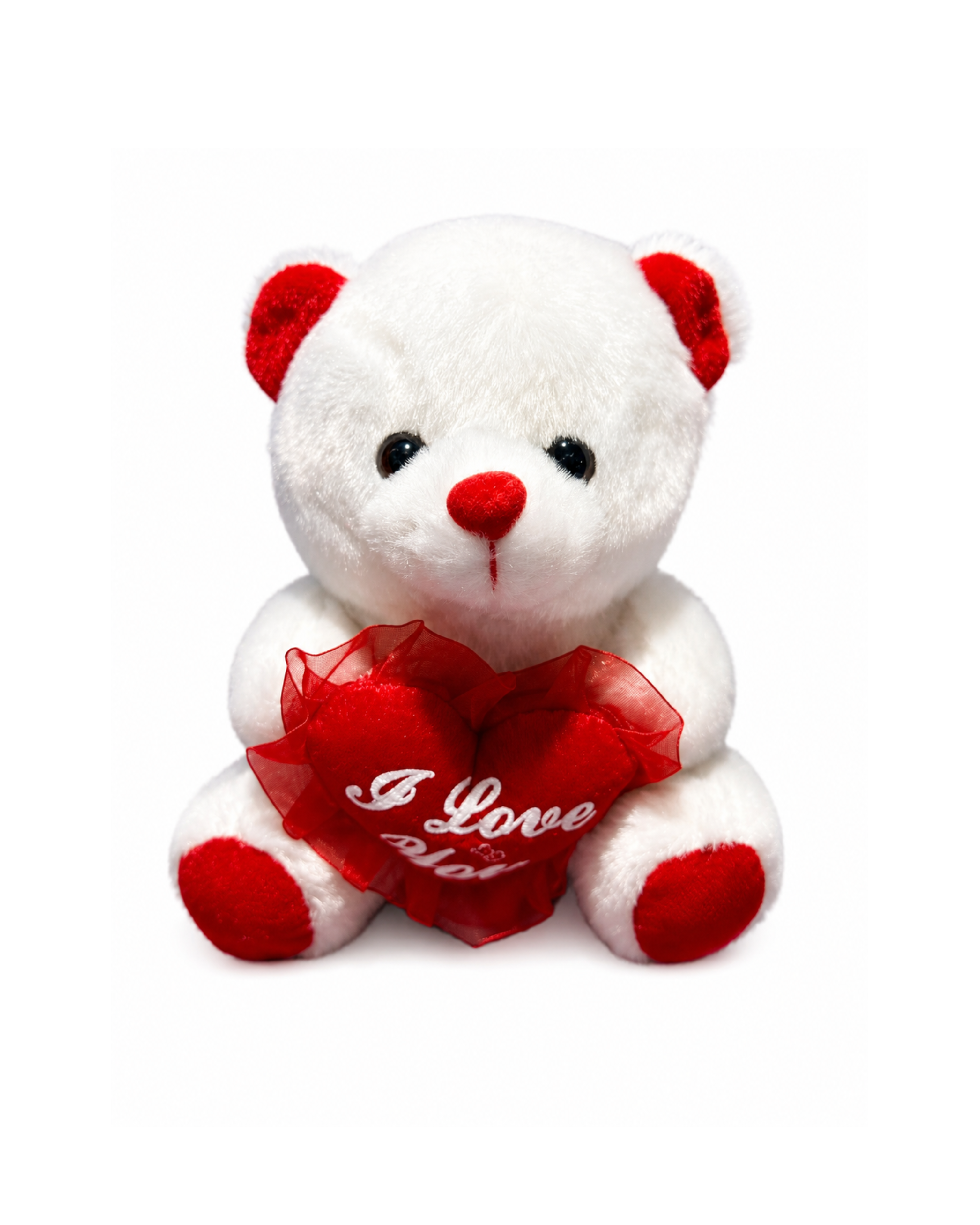 White teddy bear with red accents holding a heart shaped 'I Love You' pillow on a white background