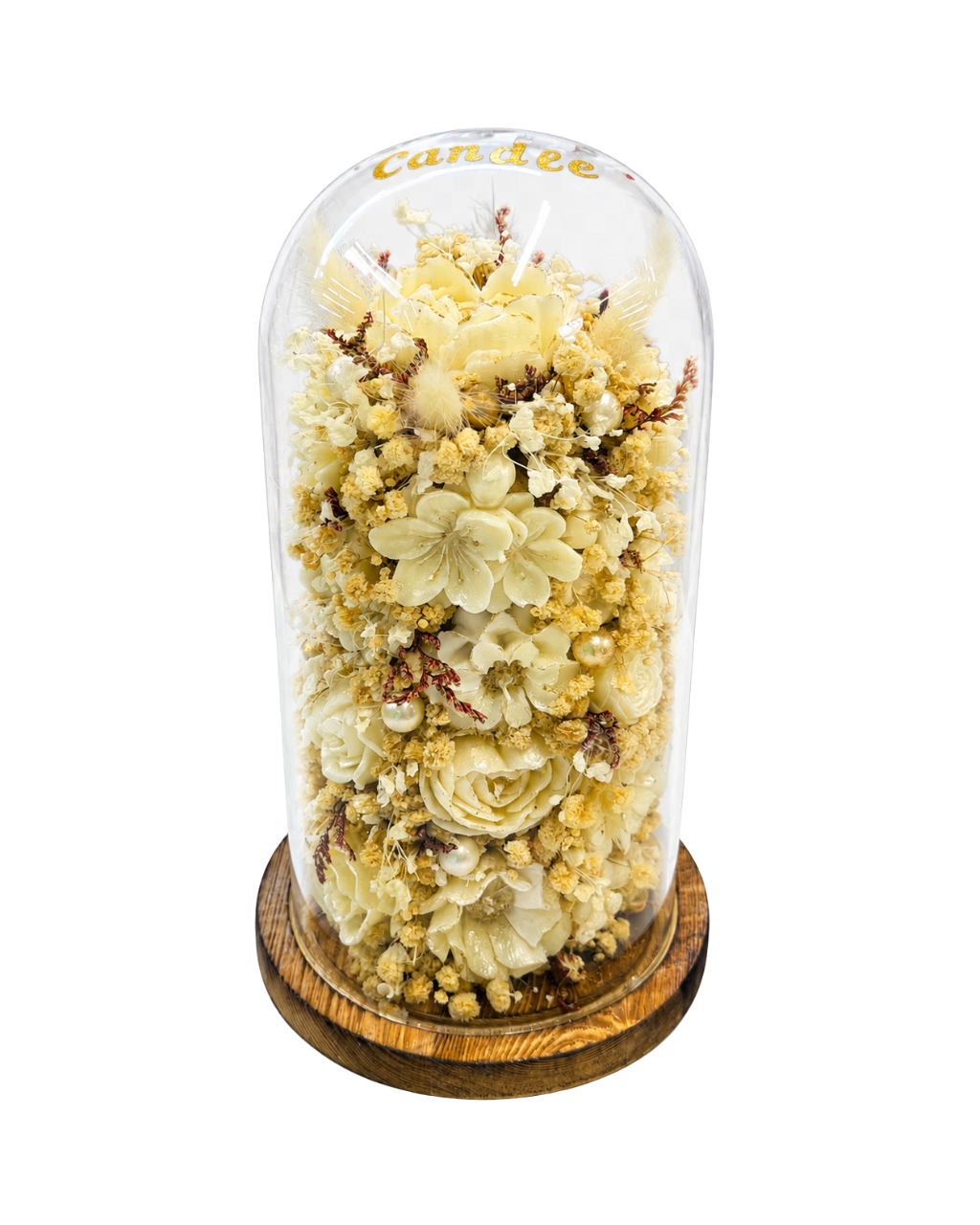 A preserved flower arrangement under a clear glass cloche dome with a round wooden base. The flowers are predominantly cream, beige, and light yellow with some small brown accents.