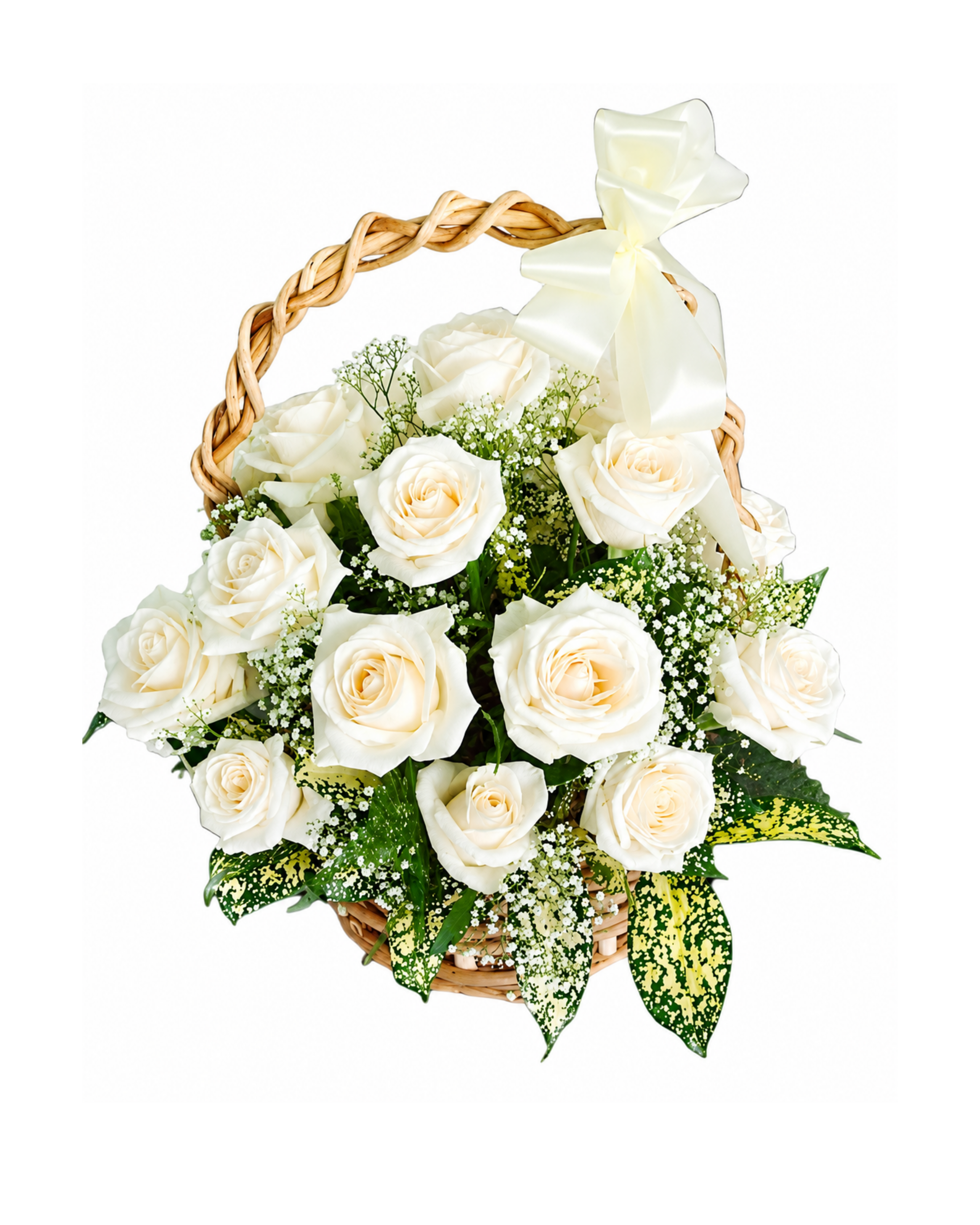 Basket of white roses with greenery on a white background