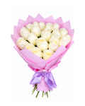 Bouquet of white roses wrapped in pink paper with a purple ribbon on a white background