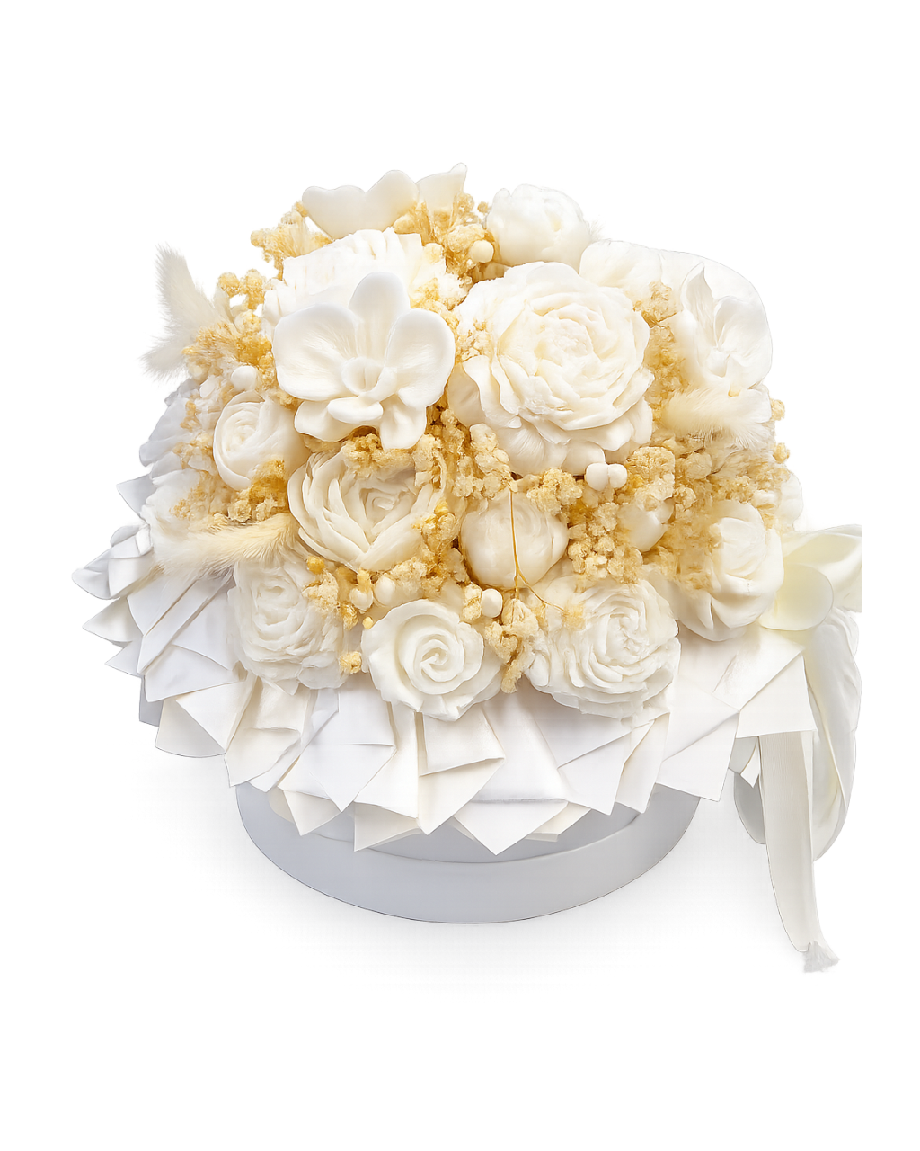 A round white floral arrangement featuring white roses, white orchids, and delicate cream filler flowers, presented in a white box with a ribbon bow on a white background.