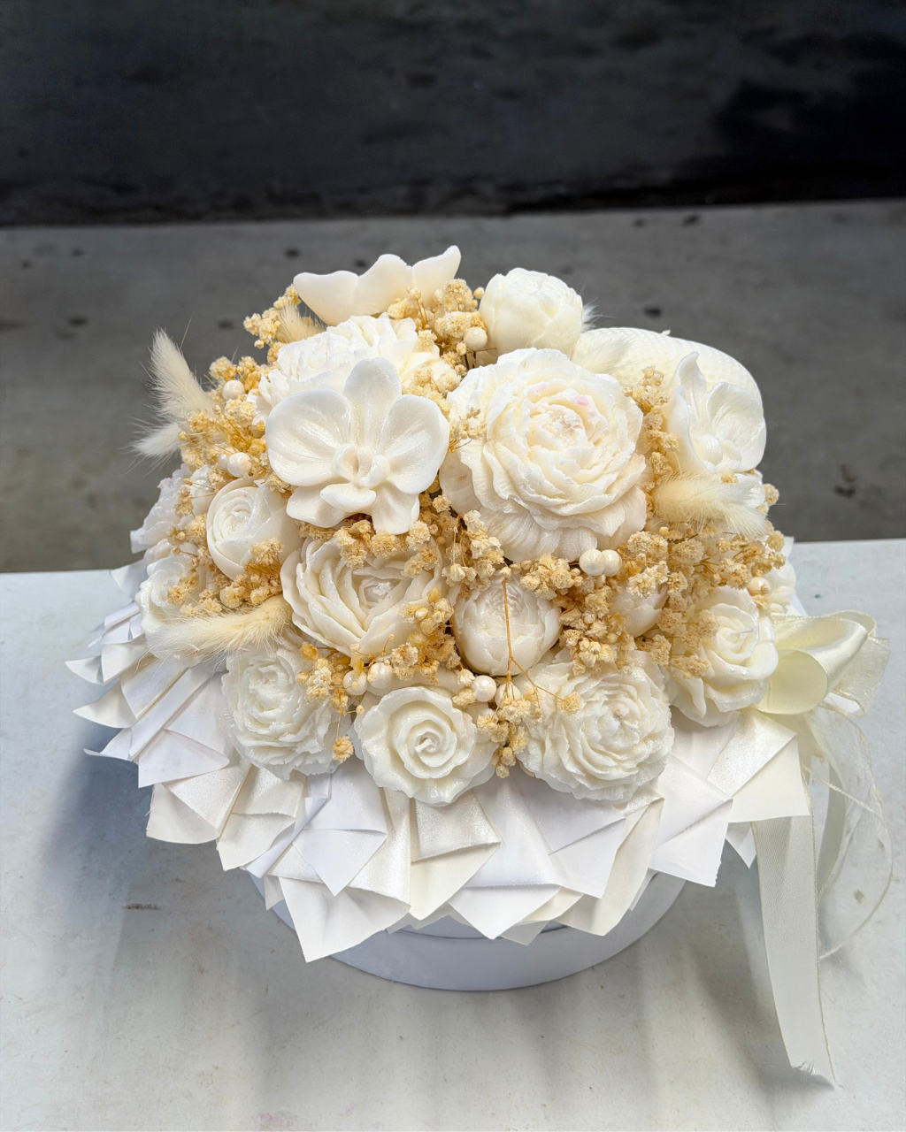 White & Gold Wax Flower Box