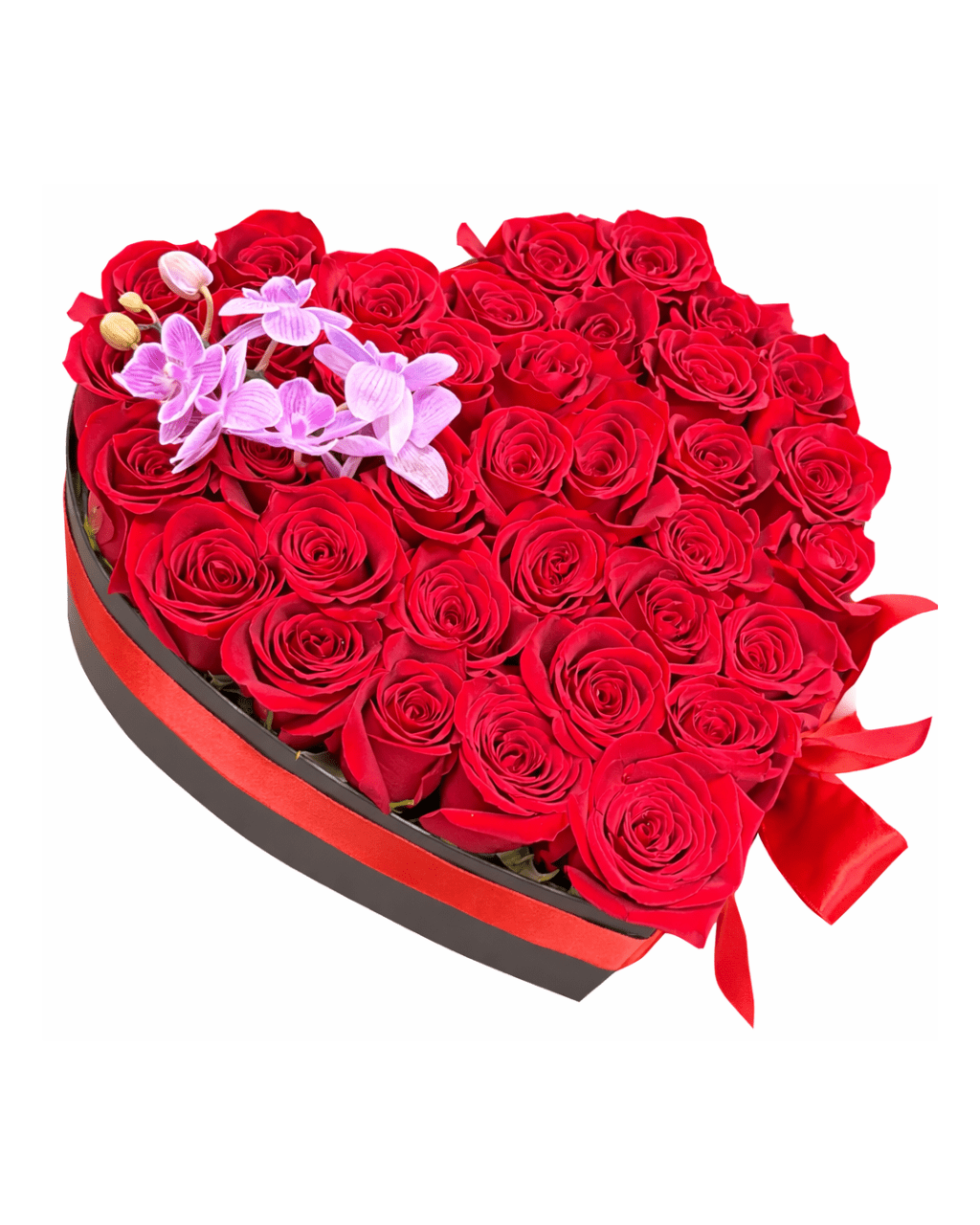 Grand Red Rose Heart Box with Orchid Accent - Landen’s Flowers