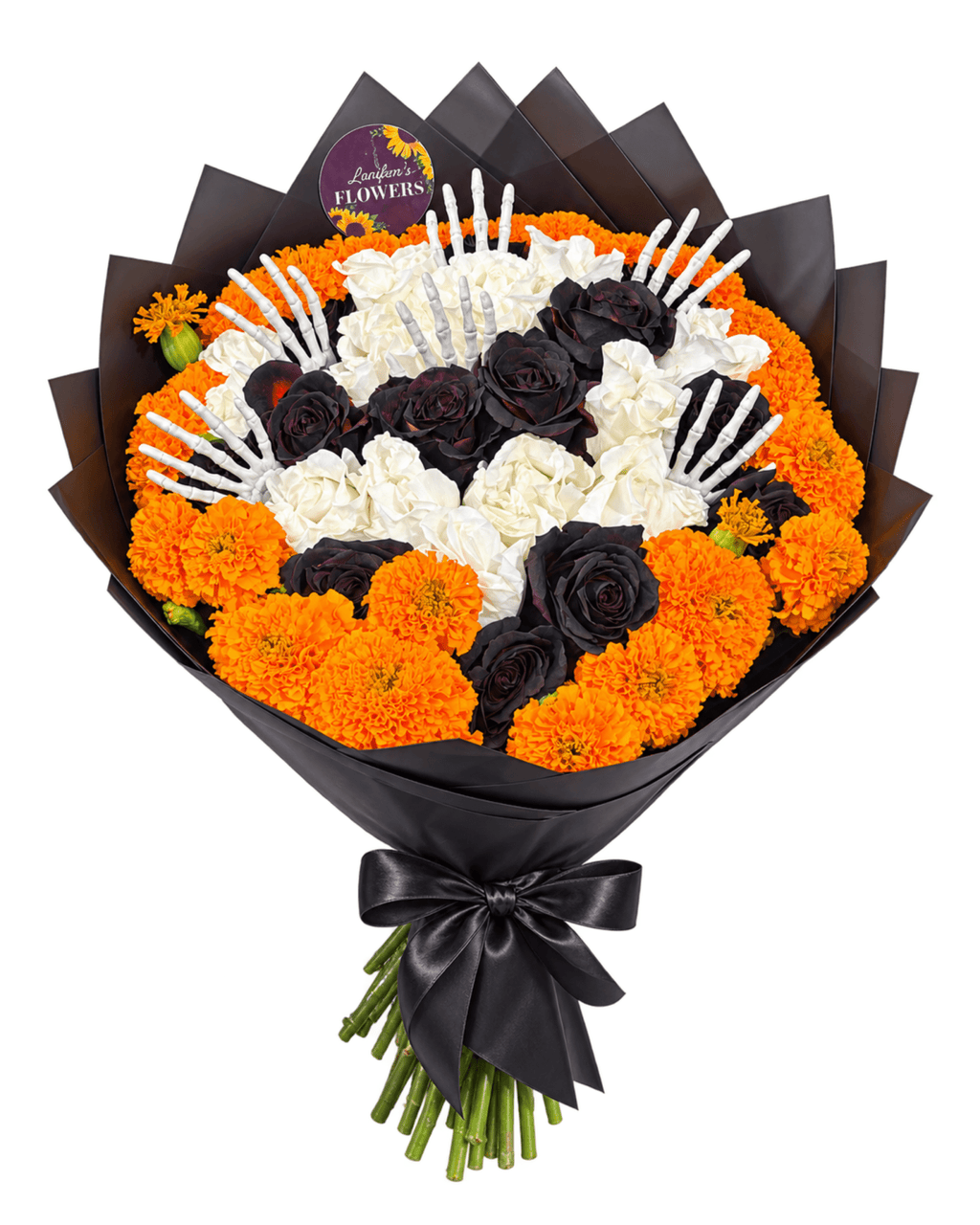 Halloween Marigold & Black Rose Bouquet with Skeleton Hands - Landen’s Flowers