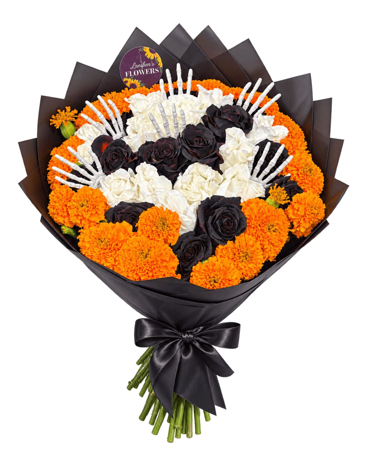Halloween Marigold & Black Rose Bouquet with Skeleton Hands - Landen’s Flowers