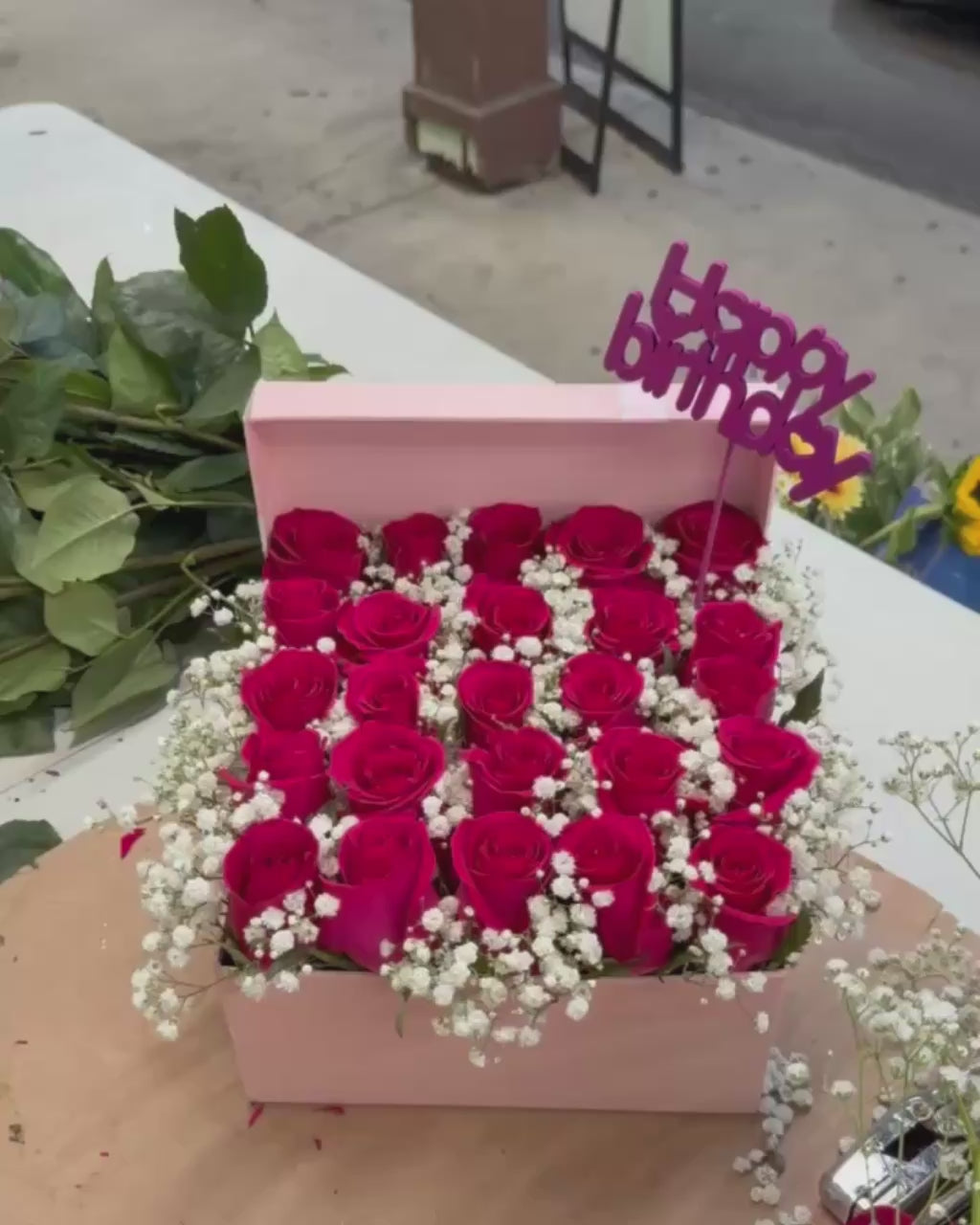 Happy Birthday Red Rose Box with Baby's Breath